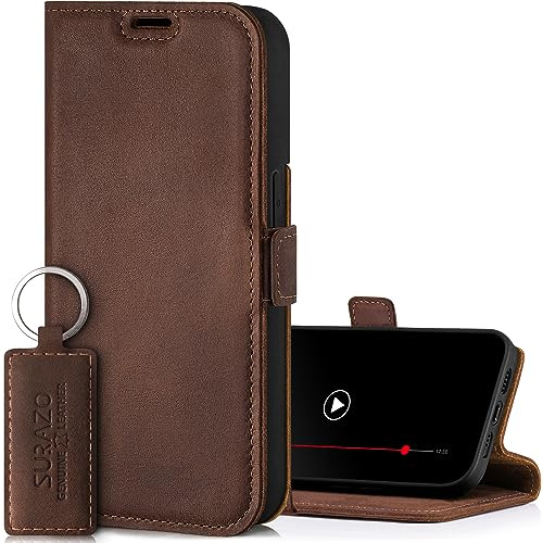 SURAZO Slim magnetiskt mobiltelefonfodral för Apple iPhone 15 Pro Max fodral läder – vikbart äkta läder, skyddsfodral [med kortfack, RFID-skydd, stativ] vikbart fodral plånboksfodral läderskal