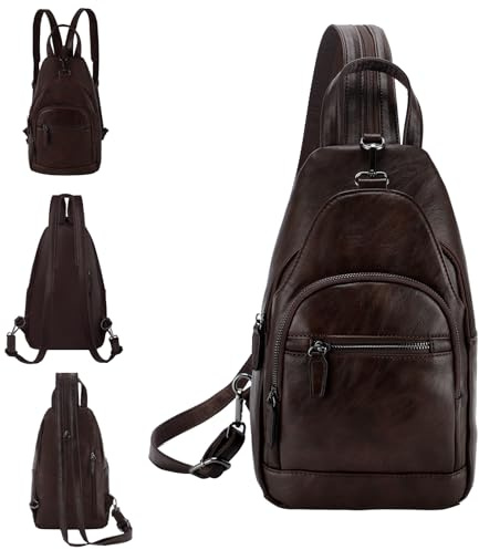 RAVUO Bolso Mochila Mujer, Casual Mochila Cruzada Pequeña de Cuero Pu Moda Bolsos Pecho de Piel Mini Crossbody Sling Bag para Viaje Trabajo,Café