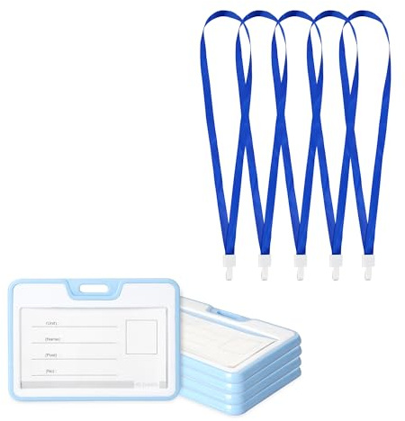 GLUN Blå horisontell plast ID-korthållare fodral dubbel ton glansig finish med 5 blå premiumremmar, dubbelsidiga synliga, unisex ID-korthållare fodral för kontor, skola och högskolor, paket med 5