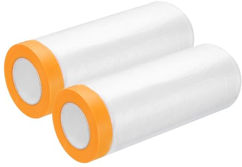sourcing map Lot de 2 rouleaux de film de masquage pré-collé en plastique avec ruban adhésif, 300 cm x 1,5 m, rouleau de revêtement en plastique pour couvrir les plinthes, les cadres et la carrosserie