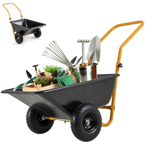 TANGZON 2-Wheeled Garden Wheelbarrow, 330LBS Heavy-Duty Utility Garden Cart with Foldable Handlebar, Pneumatic Tires, Yard Lawn Easy Loading Dumping Tipping Carts for Moving Soil (Black+Yellow)