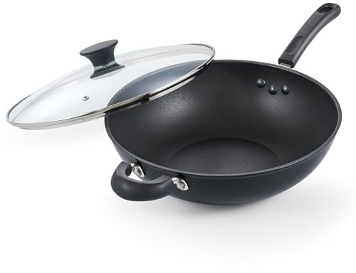 Cook N Home Hard Anodized Nonstick Wok with Lid 12-Inch, Non Stick Stir-Fry Pan, Flat Bottom Wok Pan, Induction Cookware, Black