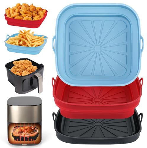 Alyvisun Moule Silicone Air Fryer, 3 Pièces Moule Panier Friteuse à Air Chaud Réutilisable Airfryer Plat Carré Pliable Doublure Liners pour Friteuse Air, Micro-ondes, Four (Rouge+Noir+Bleu Ciel)