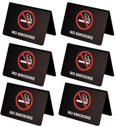 AHANDMAKER Lot de 6 panneaux de tente de table interdits de fumer, panneau d'avertissement de table interdiction de fumer en acrylique noir double face, indicateur de logo de bureau non-fumeur,