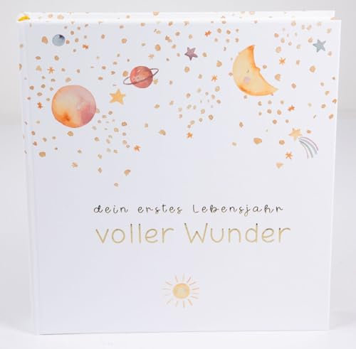 goldbuch 50 498 Babytagebuch Voller Wunder Weltraum Weiß, Erinnerungsalbum mit 100 illustrierten Seiten, Einband mit Goldprägung und einem Nachthimmel als Motiv, Babyalbum ca. 24,5 x 22,5 x 3,5 cm