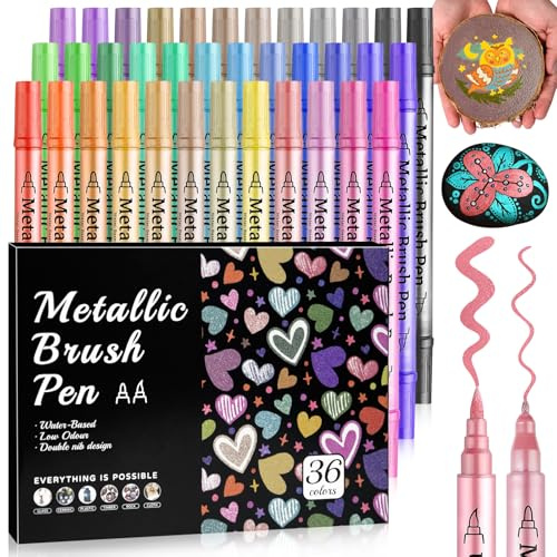 WOGOPRO Metallic Acrylic Paint Pens, 36 Colours Dual Tip Metallic Marker Pens, Acrylic Pen for Rock Painting, Ceramic, Wood, Fabric, Black Paper, Art Pen Set for Easter Christmas