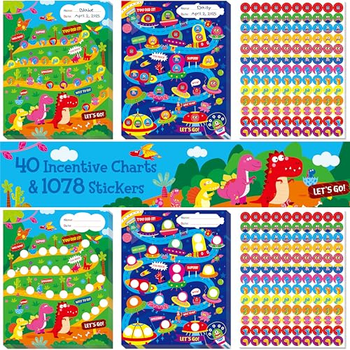 40-pack incitament diagram, 2 bedårande mönster med 1078 klistermärken, klassrum familj belöningsdiagram system för barn läxuppgifter, närvaro, gott beteende, sysslor, potträning framsteg