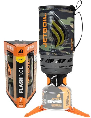 Jetboil Flash 1.0L Portable Fast Boil Stove for Camping and Backpacking with 1-Step Auto Ignition, New for 2025, Propane/Isobutane Burner with Cooking Cup, Dark Camo