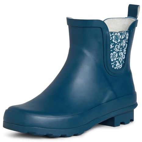 Laura Ashley Women's Snow and Rain Boots, Mid Cut Rubber Boots for Women, Waterproof Flat Heeled Ankle Boots for Ladies, Floral Denim, Size 7