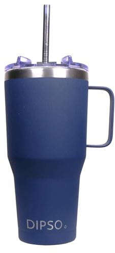 DIPSO Taza Térmica de Acero Inoxidable con Tapa a Rosca Antiderrames y Pajita - Vaso Térmico con Asa Metálica Soldada para Casa, Coche y Oficina - Mantiene Frío y Calor (600 ml Azul)