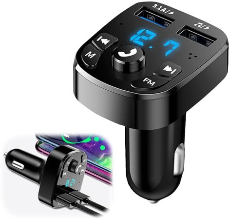 FM Transmitter Auto Bluetooth 5.0, 5V 3.1A Schnelles Autoladegerät Zigarettenanzünder, 2 USB Ports KFZ Bluetooth Adapter mit Freisprechen, Unterstützt USB-Stick