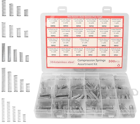 Tmefoy 300 Stück Druckfedern Sortiment, 304 Edelstahl Kompressionsfedern Set mit 23 Größen für Mechanische Reparaturen, DIY Projekte, Automobil und Haushalt