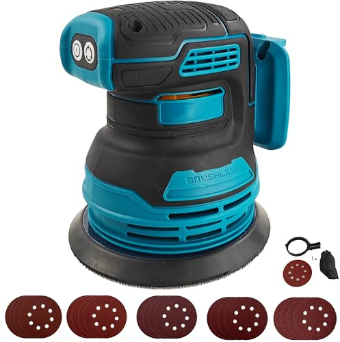 Ponceuse orbitale à mouvements aléatoires sans balai pour compatible avec batterie Makita 18V, ponceuse électrique sans balai à mouvements aléatoires à prise de 5 pouces avec 20 pièces de papier