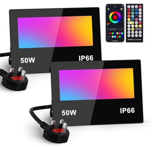 Flood Lights Outdoor 50W Smart RGB Colour Changing LED Floodlight with Remote & Bluetooth APP Control, Timing, Tunable, IP66 Waterproof Outdoor LED Lights for Garden Halloween, Christmas Decor-2 Pack