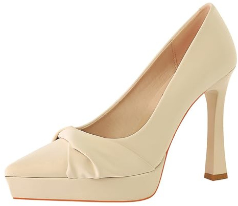 Gueploer Scarpe con Tacchi Alti da Donna, Décolleté con Plateau E Punta A Fiocco, Slip-On A Bocca Bassa, Scarpe da Festa per La Vita Quotidiana E L'Ufficio,Beige,34 EU