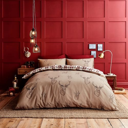 Catherine Lansfield Stag Check Reversible King Duvet Cover Set with Pillowcases Natural