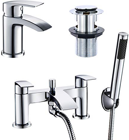 Hapilife Basin and Bath Mixer Tap with Shower Attachment Set Slotted Pop up Waste Waterfall Bathroom Sink Tap Cloakroom Bathtub Tub Filler Tap Mixers Monobloc Chrome Brass Bathroom Taps Set