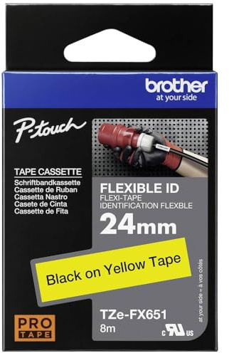 Brother TZe-FX651 Labelling Tape Cassette, Black on Yellow, 24mm (W) x 8M (L), Flexible ID, Brother Genuine Supplies