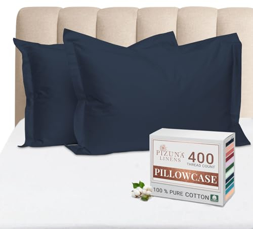 Pizuna 100% Cotton Standard Pillowcases 2 Pack Dark Blue 50x75cm | 400 Thread Count Long Staple Combed Cotton Soft Pillow Cover Sateen Weave Oxford Pillow Cases (Cooling Pillowcase 2PC)
