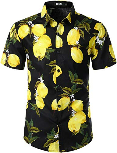 JOGAL Men's Cotton Hawaiian Shirt Short Sleeve Button Down Fruit Shirts | 100% Cotton, Fruit Print, Tropical, Vibrant, Beach, Party, Luau, Cruise, Regular Fit, Lightweight