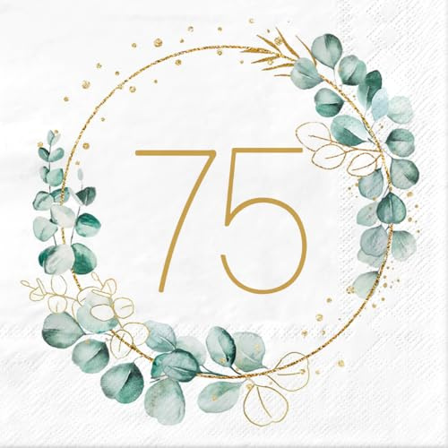Sprinlot servetter 75. Födelsedag, 40 stycken servetter eukalyptus dekoration 75. Födelsedag man kvinna, Happy Birthday 75 servetter bordsdekoration, 3-lagers födelsedagsdekoration pappersservetter