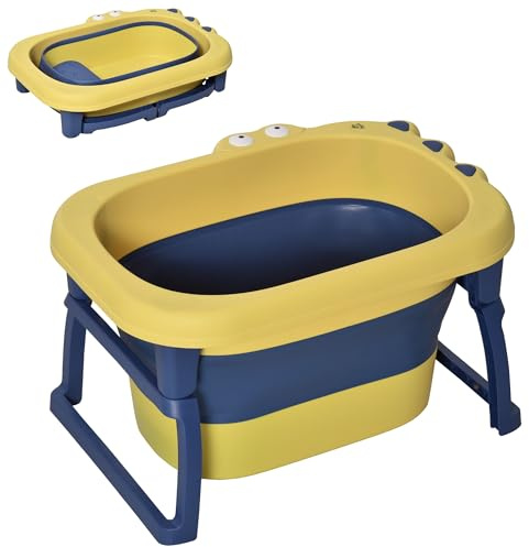 HOMCOM Baby Bathtub for 0-6 Years Collapsible Non-Slip Portable with Stool Seat for Newborns Infants Toddlers Kids - Yellow