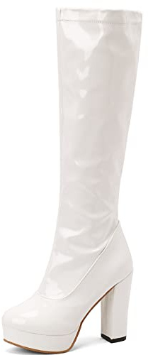 CHICMARK Botas altas de plataforma para mujer con tacón de bloque superalto y punta redonda para fiesta, Blanco, 38 EU