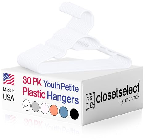 Closetselect Youth Hangers 30 Pack - 13 Inch Plastic Youth Petite & Childrens Hangers for Closet, Baby Hangers for Children Clothes Sizes 4 to 10, Non-Slip Infant hangers with Shoulder Grooves | White