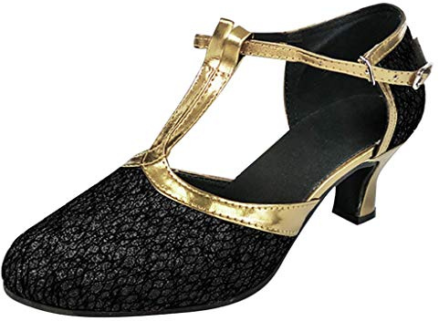 Women's Dance Shoes with T-Strap Ankle Strap Closed Toe Glitter Synthetic Evening Wedding Tango Ballroom Modern Latin Patent Heel High Heels Dance Shoes, black, 40 EU