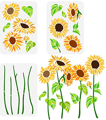 FINGERINSPIRE Set di 3 stencil per girasole, 21x29,7 cm, stencil per pittura vuoti per progetti fai da te