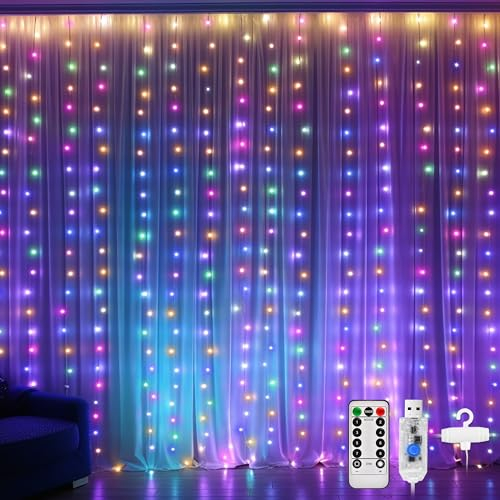 DazSpirit 3Mx3M 300 Tenda luminosa a LED, catena di luci USB decorative con 8 modalità di luce Telecomando e timer, impermeabile per la festa di nozze Camera da letto di Natale (Colorato)