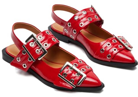 Mingkaigo Women Ballet Buckle Flats Pointed Toe Slingback Flat Casual Ballerina Shoes,Red 9.5