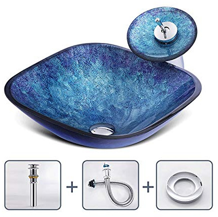 AsCoRP Frost Flame Pattern Vessel Sink Tempered Glass Above Counter Square Shape Bathroom Washing Basin Combo with Waterfall Faucet, Artistic Blue Lavatory Bowl for Home Hotel Balcony (Blue A)