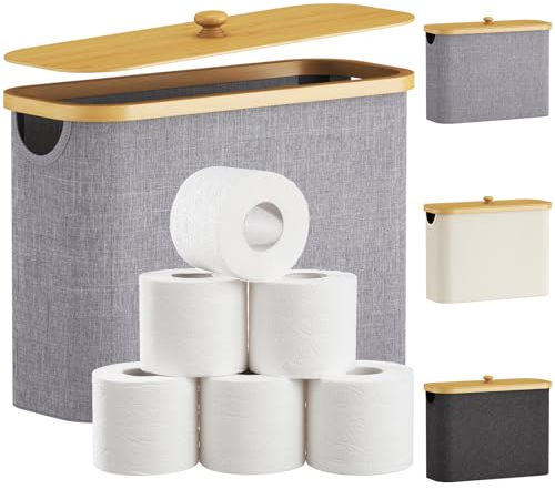 Lifewit Contenitore Carta Igienica, Cesto Porta Carta Igienica, Portarotoli Carta Igienica Scorta con Coperchio in Bambù, Organizer Bagno, Cestino Portaoggetti, Scatola, Grigio