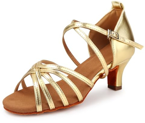PADGENE Chaussures de Danse à Semelle Molle en Satin pour Femmes, à Talons Hauts Chaussures de Danse pour Jazz/Latin/National Mark/Rumba/Cha Cha, L - Or - 5cm, 39 EU