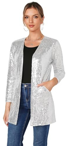 THANKPEARL Women's Sequin Jacket Long Sleeve Open Front Blazer Sparkly Party Cardigan Silver,XXL