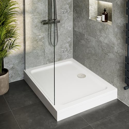 Hydrolux® 900 x 760 x 140mm White Bathroom Shower Tray for Enclosures Cubicles & Wet Room with Chrome Waste + Riser Kit, Rectangular