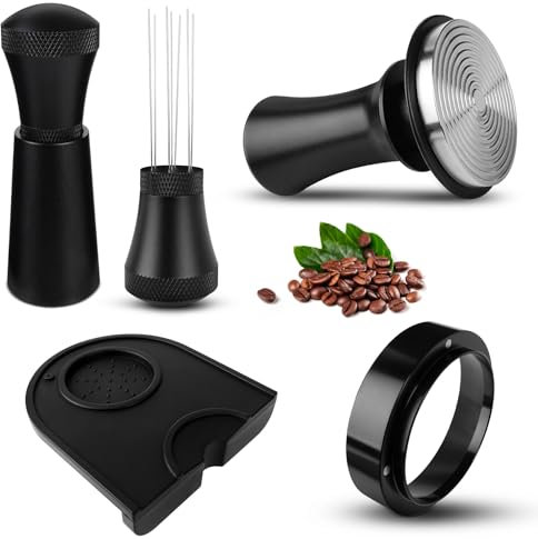 PTSBENCO Tamper 51mm Set, Druckregulierender Kaffee Tamper aus Edelstahl inkl. Dosierring 51mm, WDT Tool, Tampermatte, Kaffeestampfer-Base Ripple, Kaffee Zubehör, Geschenke für Baristas