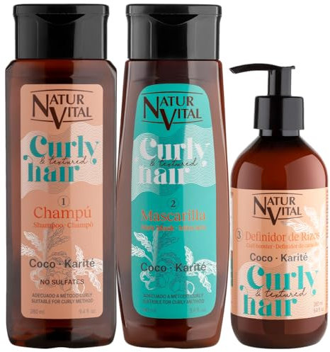 NaturVital Pack Curly & Textured Hair: Definidor de Rizos Booster 280ml + Champú Curly 280ml+ Mascarilla Rizos 280ml para cabello Rizado y Ondulado con Coco y Karité Sin Silicona ni Parabenos