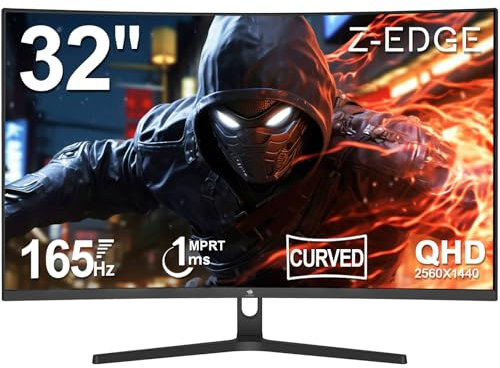 Z-Edge 32 Zoll QHD Curved Gaming Monitor 165Hz 1ms MPRT 2K 2560x1440 16:9 VA 1500R Curved Bildschirm, 280cd/m² Helligkeit, FreeSync, DisplayPort (165Hz) & HDMI (144Hz), Schwarz