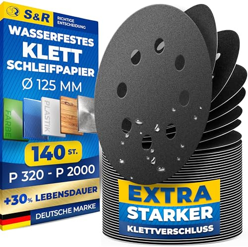 S&R Wasserfestes Klett Schleifpapier 125 mm, Schleifscheiben Satz, Set 140 St je 20 x P320, P400, P600, P800, P1000, P1500, P2000, zum Schleifen, Polieren von Metall, Holz, Stahl, Edelstahl, 8 Löcher