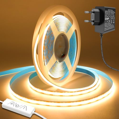 Bigzom Tira de LED COB 24V 2M, Blanco Cálido 3000K Regulable, con Controlador y Fuente, CRI93+, Anchura 8mm, LED Tira Flexible para Fondos de TV Cocina Fiesta DIY Decoración
