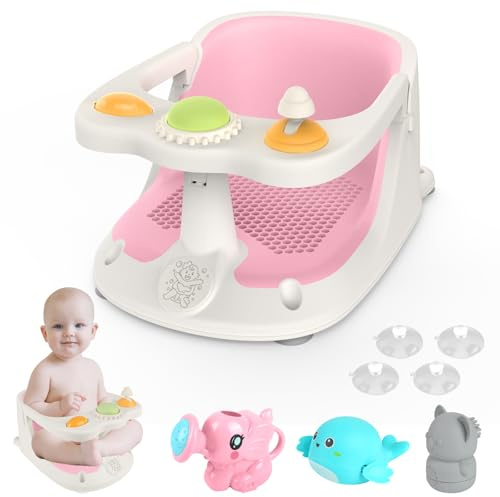 Aragallant Siège de Bain pour Bébé de 6 Mois et Plus, Anneau de Bain Bébé Antidérapante, Transat de Bain pour Bébé, Chaise de Douche pour Bebe avec 4 Ventouses, Siège Baignoire avec Jouet (Rose)