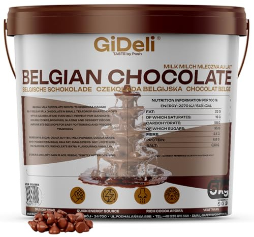 GiDeli Belgische Schokolade 5kg in Eimer - Pralinen Chips, Schokodrops - Vollmilch-Kuvertüre - Perfekt für Schokofondue, Backen, schokobrunnen, Desserts & Glasuren