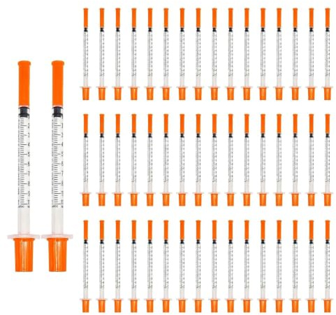 50 stycken 1 ml sprutor 30 G-13 mm, steril plastsprutor med lock, råmjölsspruta 1 ml för liten husdjursmatning, växtbevattning och industriella vetenskapliga laboratorier