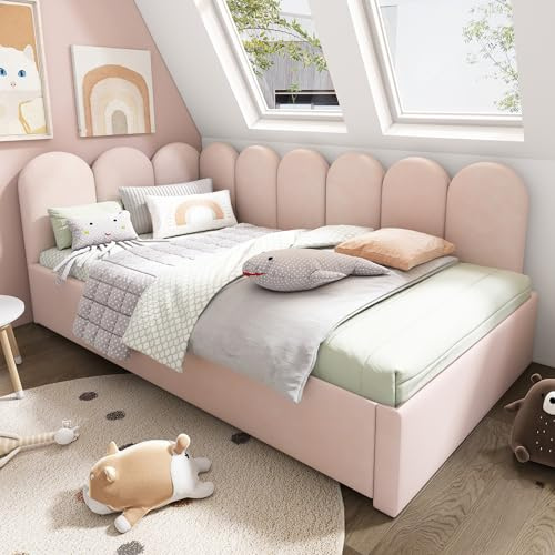 Miyemo Day Bed with Pull Out Trundle, 3ft Upholstered Single Sofa Bed for Adults & Children, Metal Slatted Frame, Velvet, 90x190cm, Pink, (No Mattress)