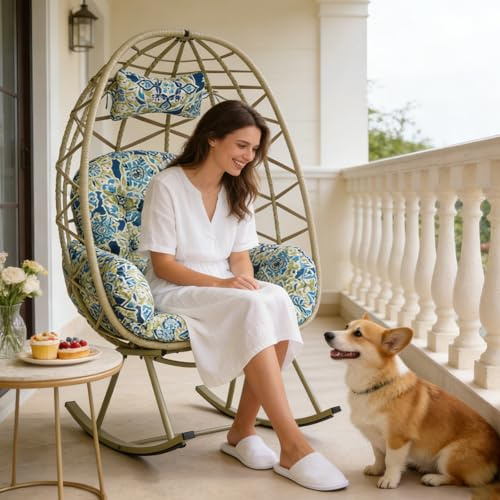 FKSLIFE Wicker Egg Chair Outdoor,Patio Rocking Chair with Cushion,500lb Capacity,All-Weather Rattan Comfy Lounger Rocker Chairs for Indoor Living Room Balcony Backyard Garden