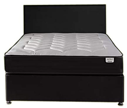Perfect Sleep 4FT6 Double Black Leather Paris Divan Bed Including Medium feel Quilted Mattress And Headboard