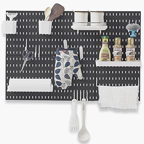 JoyBHole Kit de combinaison de panneau perforé de 83,8 x 55,9 cm et 18 accessoires (bacs de rangement pour étagère, supports de crochets) sans perforation pour garage, cuisine, salon, salle de bain,