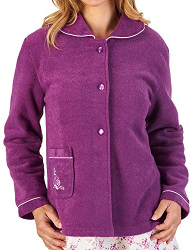 Slenderella Élégante veste de lit en polaire brodée avec ouverture boutonnée, prune, 46-48